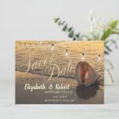 Sunset Beach Seashell String Light Save the Date (Stehend Vorderseite)