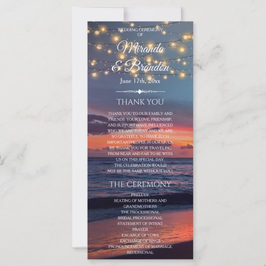 Sunset Beach String Light Summer Wedding Programm (Vorderseite)