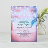 Sunset Beach & String Lights Engagement Party Einladung (Stehend Vorderseite)