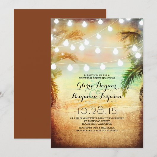 Sunset Beach & String Lights Probe Abendessen Einladung (Vorne/Hinten)