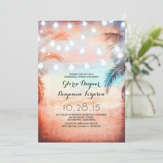 Sunset Beach & String Lights Probe Abendessen Einladung (Stehend Vorderseite)