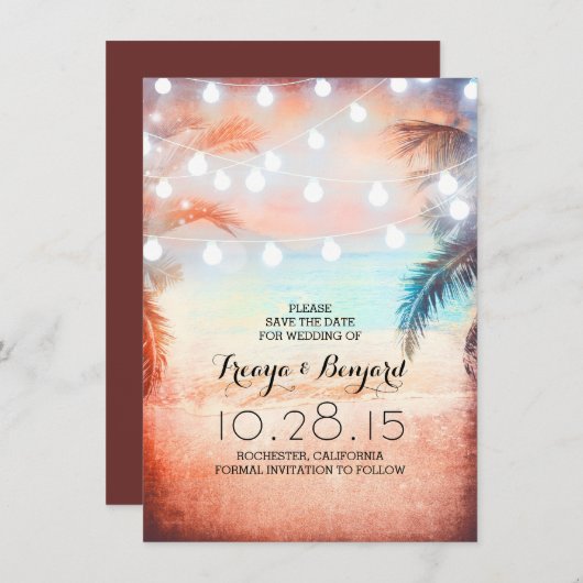 Sunset Beach & String Lights Save the Date (Vorne/Hinten)