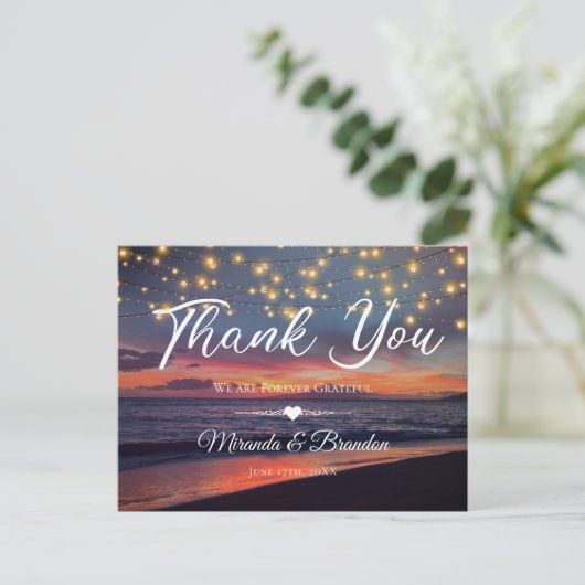 Sunset Beach String Lights Summer Danke Postkarte (Stehend Vorderseite)