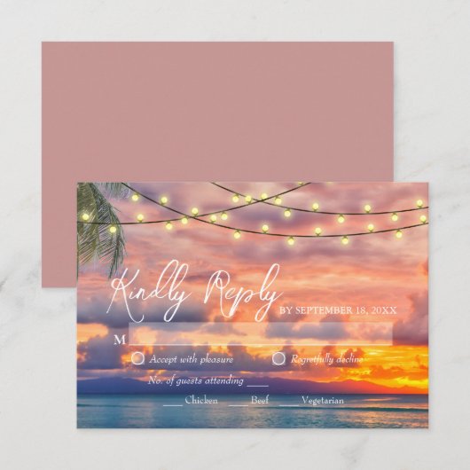 Sunset Beach String Lights Wedding RSVP Card Karte (Vorne/Hinten)