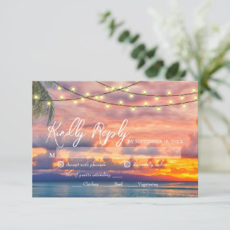 Sunset Beach String Lights Wedding RSVP Card Karte