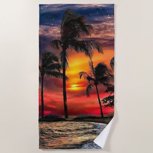 Sunset Beach Towel with the Ocean and Palm Trees Strandtuch (Vorderseite)