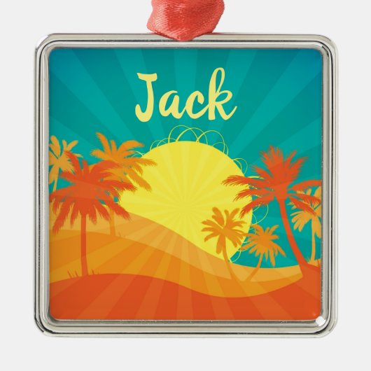 Sunset Beach Tropical Retro Surf Designname Ornament Aus Metall (Vorne)