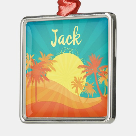 Sunset Beach Tropical Retro Surf Designname Ornament Aus Metall (Links)