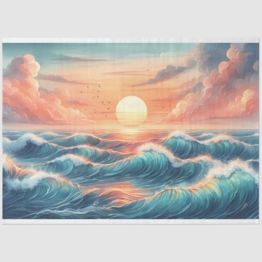 Sunset Beach Waves Wasserfarbendekoupage Seidenpapier (Vorderseite)
