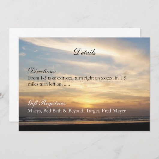 Sunset Beach Wedding Details Empfang Card Einladung (Vorne/Hinten)