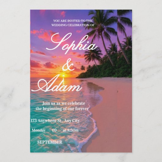 Sunset Beach Wedding Invitation Einladung (Vorderseite)