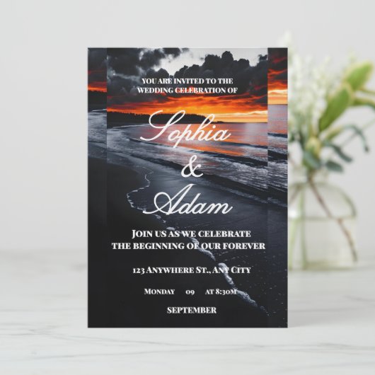 Sunset Beach Wedding Invitation Einladung (Stehend Vorderseite)