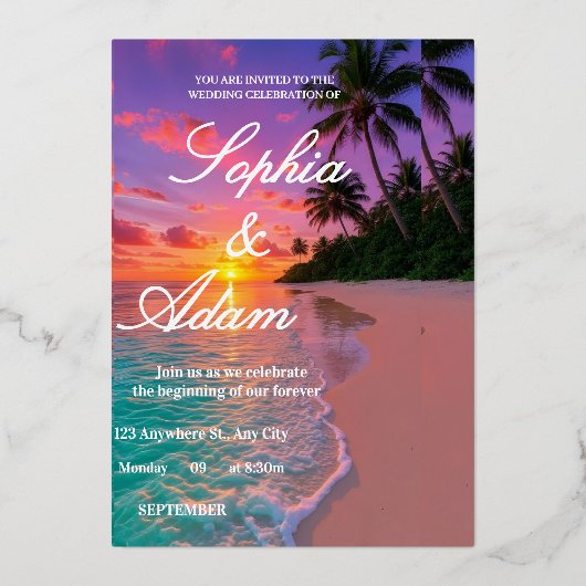 Sunset Beach Wedding Invitation Folieneinladung (Vorderseite)