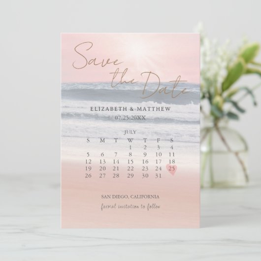 Sunset Beach Wedding Save The Date (Stehend Vorderseite)