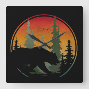 Sunset Bear Nature Forest Animal Quadratische Wanduhr