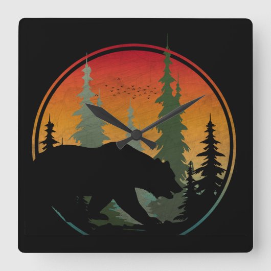Sunset Bear Nature Forest Animal Quadratische Wanduhr (Vorderseite)