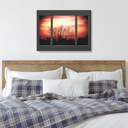 Sunset Birch Triptych Wrapped Canvas Print Leinwanddruck (Insitu (Schlafzimmer))