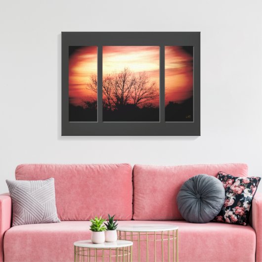 Sunset Birch Triptych Wrapped Canvas Print Leinwanddruck (Insitu (Wohnzimmer))