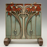 Sunset Blüh Art Nouveau Fliese<br><div class="desc">Lassen Sie Ihre Zuhause mit dem romantischen Charme der Jugendstil-Zeit in dieser exquisit gestalteten Keramik-Kachel verzaubern. Ein Quartett aus Blüten in strahlenden Farbtönen von Sonnenuntergang Orange und Terracotta entfaltet sich elegant vor einem Hintergrund von weicher Weise und eukalyptus grün. Die Fluidität ihrer Stiele, hervorgehoben durch Konturen aus Kupfer und goldenem...</div>