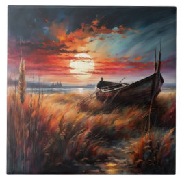 Sunset boat art serene landscape by the sea fliese
