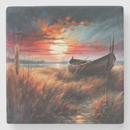 Sunset boat art serene landscape by the sea steinuntersetzer