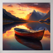 Sunset Boat on Lake mit Bergkulisse Poster (Vorne)