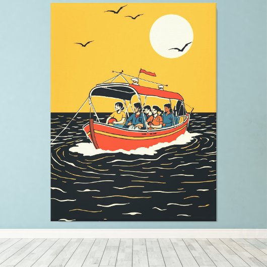 Sunset Boat Ride – Retro Minimalist Leinwanddruck (Insitu (Holzboden))