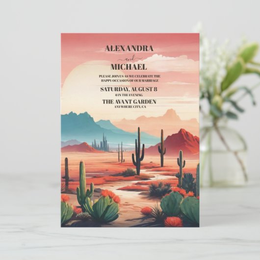 Sunset Boho Desert Cactus Wedding Einladung (Stehend Vorderseite)