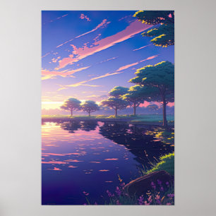 Sunset by Riverbank - Digital Anime Artwork Poster