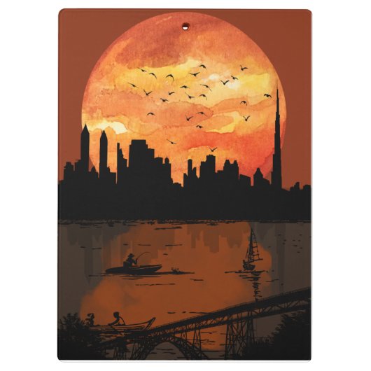 Sunset City Skyline Silhouette Watercolor Spiral N Klemmbrett (Rückseite)