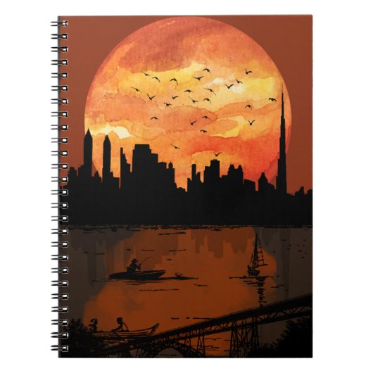 Sunset City Skyline Silhouette Watercolor Spiral N Notizblock (Vorderseite)