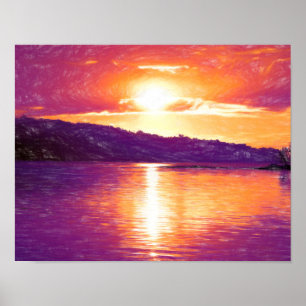 Sunset Coastal Beach Orange Lila Art Poster