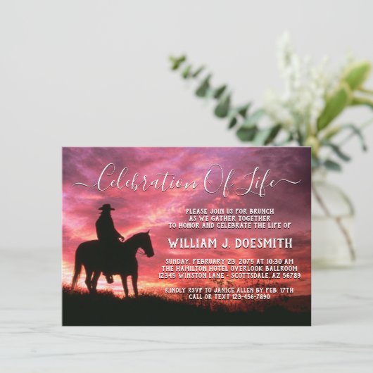 Sunset Cowboy Horse Memorial Beerdigung Service Einladung (Stehend Vorderseite)