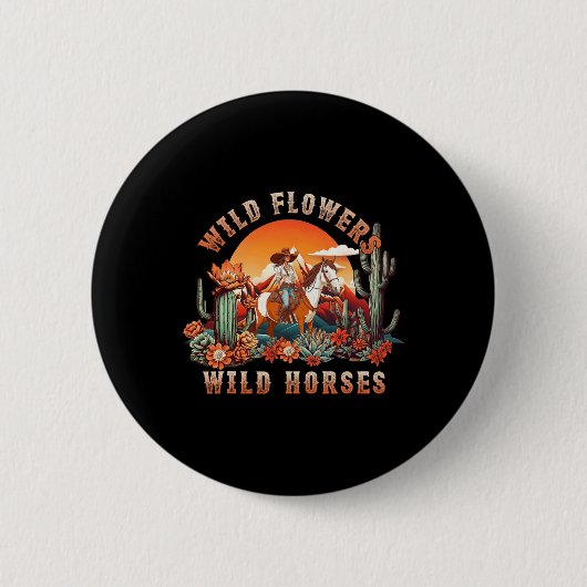 Sunset Cowgirl Riding Horse Wilde Blume - Wild Ho Button (Vorderseite)