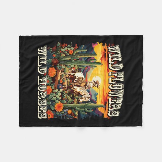 Sunset Cowgirl Riding Horse Wilde Blume - Wild Ho Fleecedecke (Vorderseite (Horizontal))