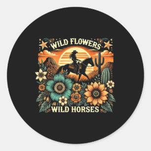 Sunset Cowgirl Riding Horse Wilde Blume - Wild Ho Runder Aufkleber