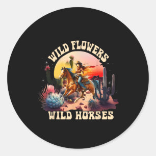 Sunset Cowgirl Riding Horse Wilde Blume - Wild Ho Runder Aufkleber