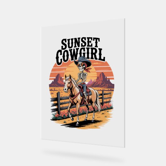Sunset Cowgirl Skeleton Reiten Acrylschild (Winkel)