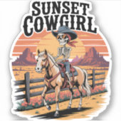 Sunset Cowgirl Skeleton Reiten Aufkleber (Vorderseite)