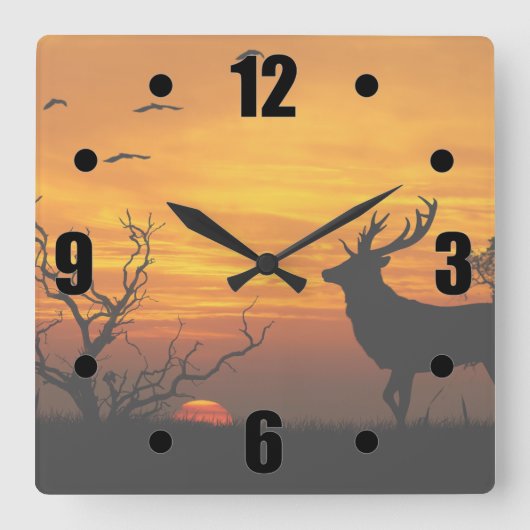 Sunset Deer Silhouette Quadratische Wanduhr (Vorderseite)