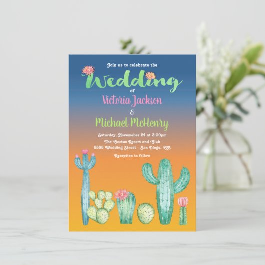 Sunset Desert Cactus Wedding Einladung (Stehend Vorderseite)