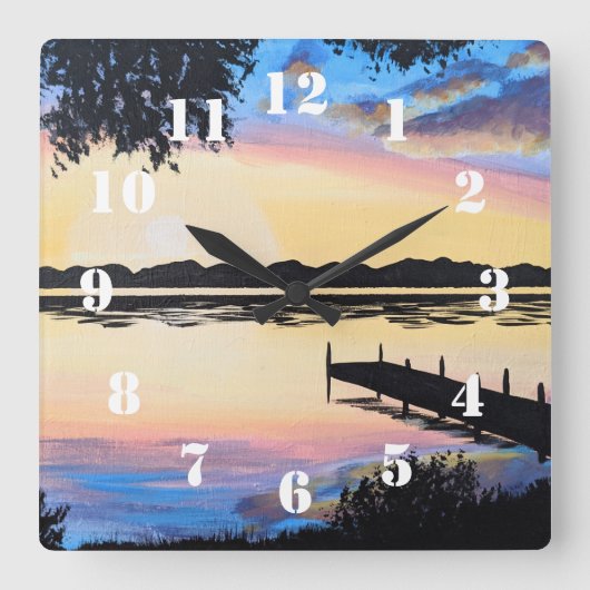 Sunset Dock Quadratische Wanduhr (Vorderseite)
