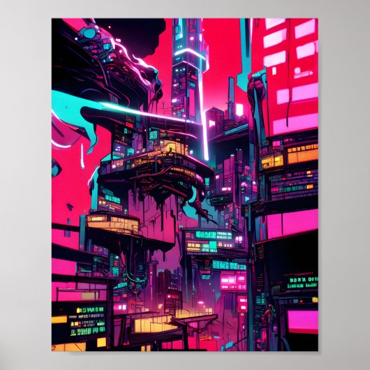 Sunset Dystopian City - Neon Ink Illustration Poster (Vorne)
