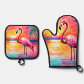 Sunset Flamingo Art Design Ofenhandschuh & Topflappen-Set (Vorderseite)