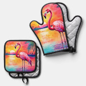 Sunset Flamingo Art Design Ofenhandschuh & Topflappen-Set (Vorderseite/Rückseite)