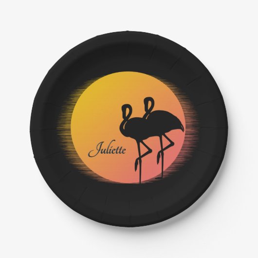 Sunset Flamingos Persönlich mit Namen Pappteller (Vorderseite)