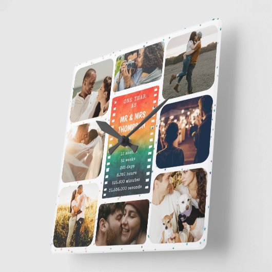 Sunset Foto Collage Mr. und Mrs. 1 Jubiläum Quadratische Wanduhr (Winkel)