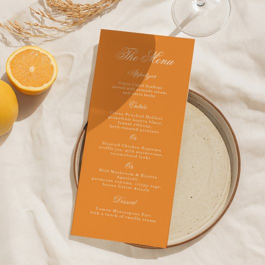 Sunset Glow Orange Script Wedding Menu Card Einladung