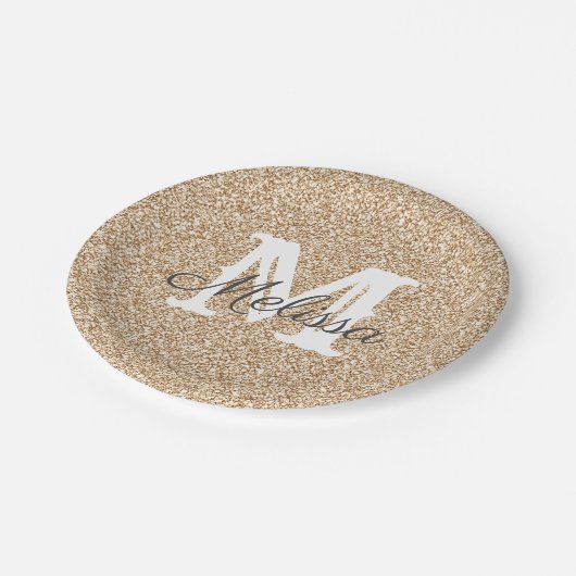 Sunset Gold Glitzer & Sparkle Monogram Paper Plate Pappteller (Schrägansicht)