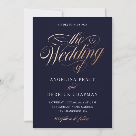 Sunset Gradient Deep Blue Gold Calligraphy Wedding Einladung (Vorderseite)